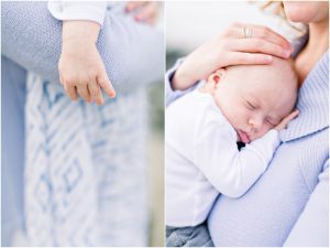 Close-up of a baby’s hand on a blanket and a baby sleeping, captured by Carlsbad Newborn Photographer in soft pastels.