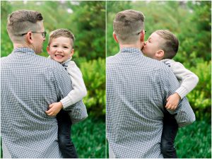 A man holds a smiling young boy outdoors; in the next image, the boy kisses his cheek during a Solana Beach maternity session.