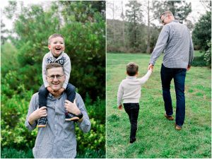 Left: Smiling man with boy on shoulders; Right: Man holding boy’s hand during a Solana Beach maternity session.