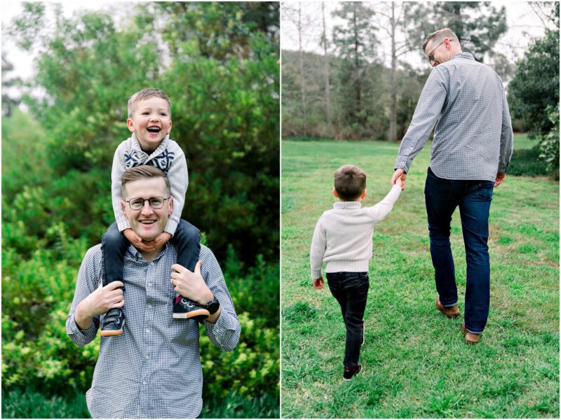 Left: Smiling man with boy on shoulders; Right: Man holding boy’s hand during a Solana Beach maternity session.