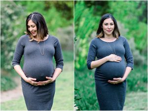 Side-by-side Solana Beach pregnancy photos of a woman in a gray dress cradling her belly with lush greenery behind her.