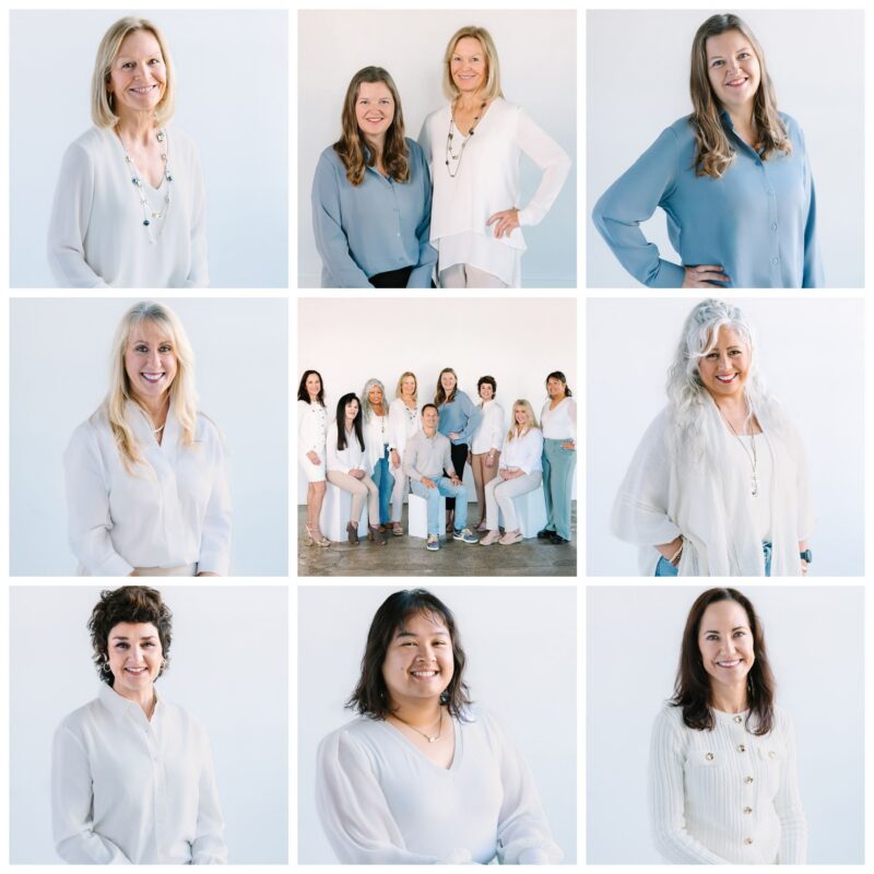 Collage of women in white or blue clothing, posing solo and together, showcases professional headshots for women.