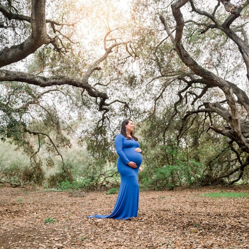 Maternity photography outdoors with beautiful light and trees