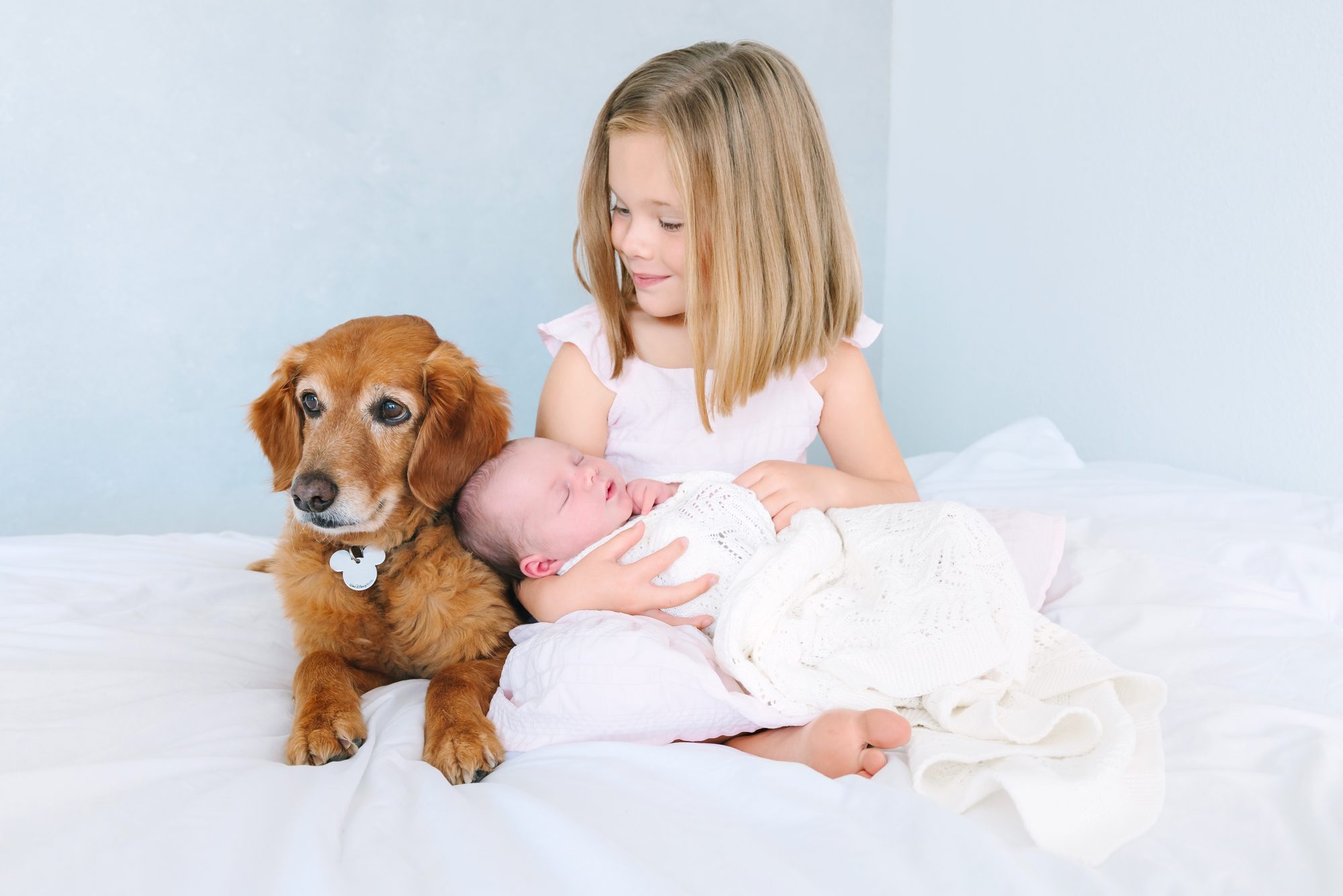 Girl holding her newborn sibling beside the family dog