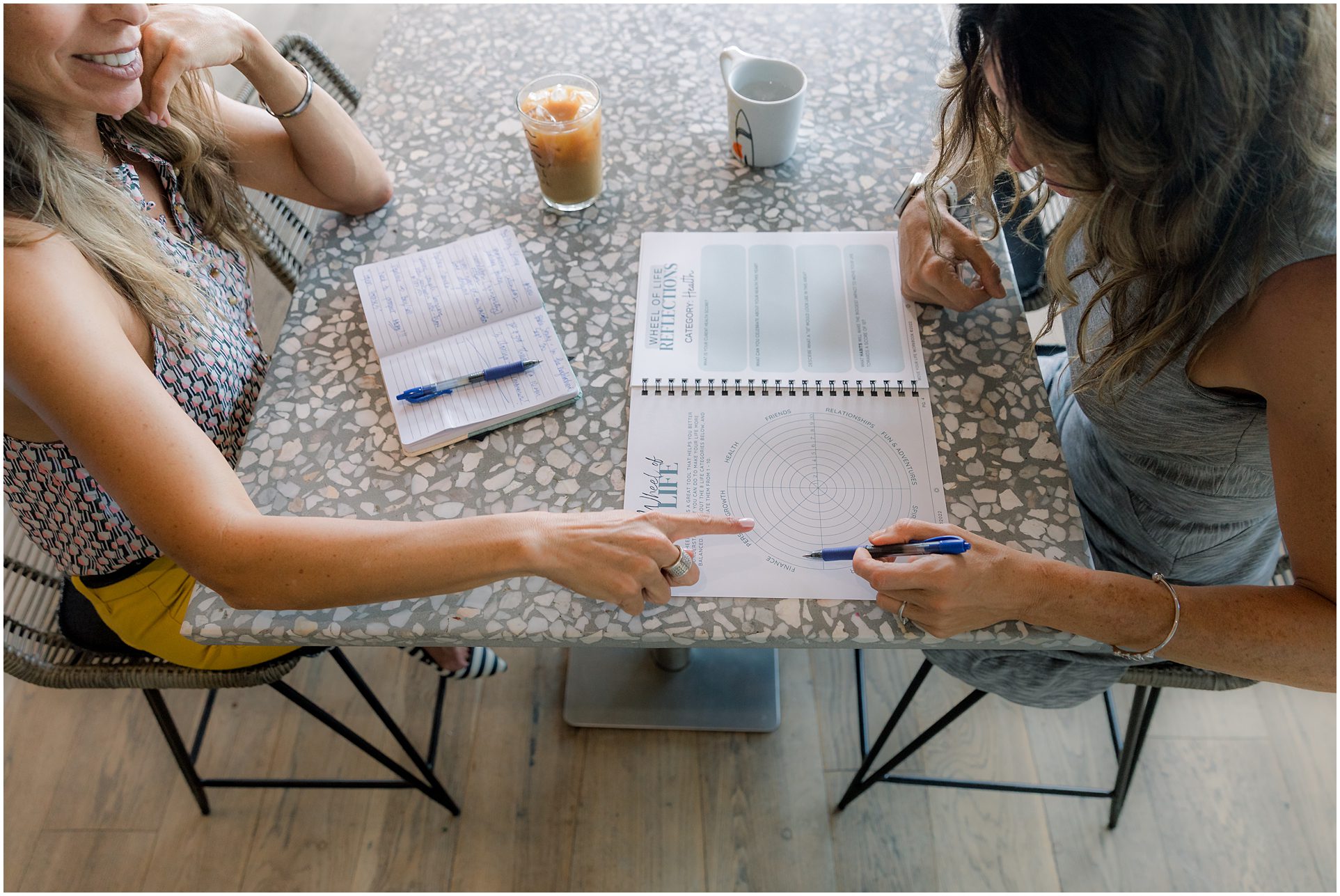 Two women sit at a table, discussing notes and charts in an open planner with pens, coffee, and a notebook.