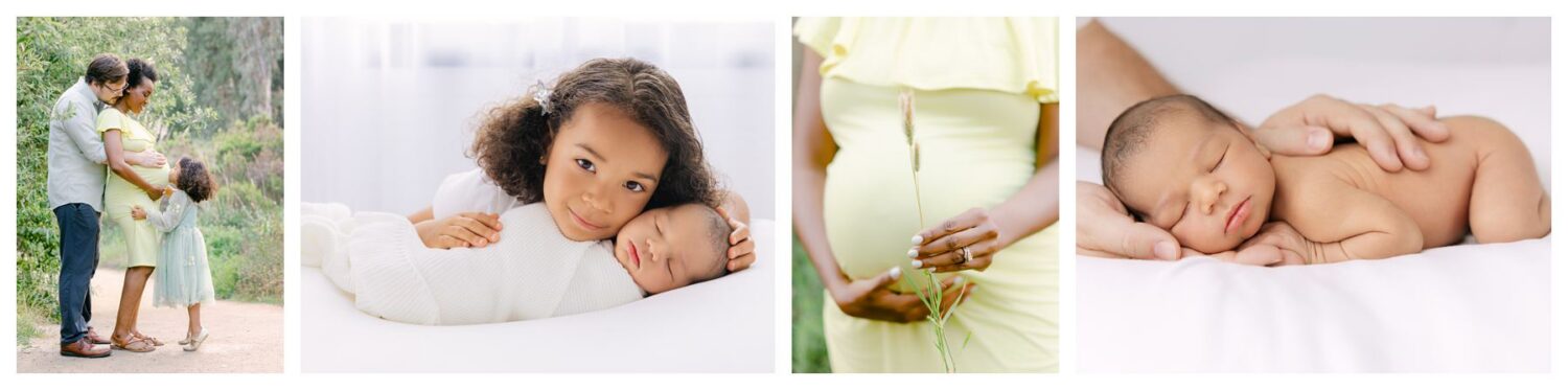 A family outdoors, a child cuddling a newborn, a pregnant woman holding flowers, and a sleeping newborn.